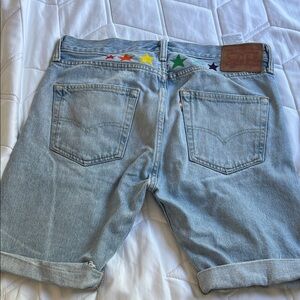 Light Blue Denim Shorts with Rainbow Stars with stains